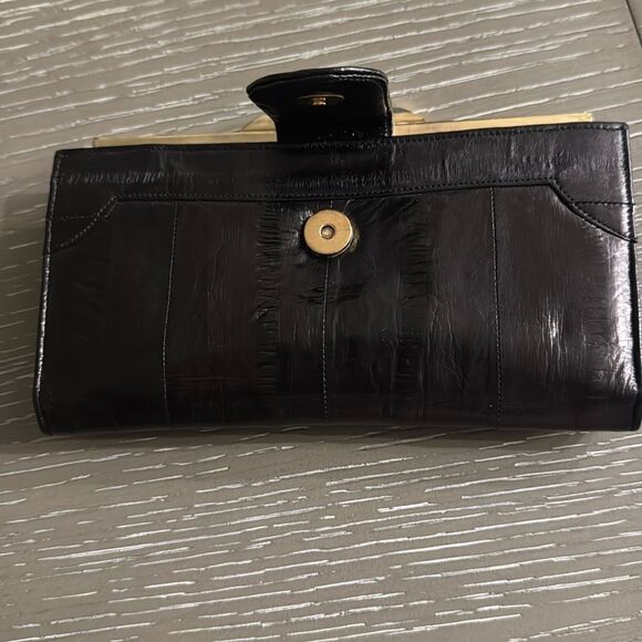 VINTAGE 1980s Brown Gold-Tone Structured EEL Skin Multi Compartment Snap Wallet - Picture 9 of 12